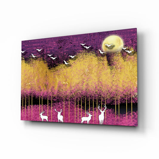 Glass wall art depicting white silhouettes of deer and birds against purple and yellow textured landscape with full moon.