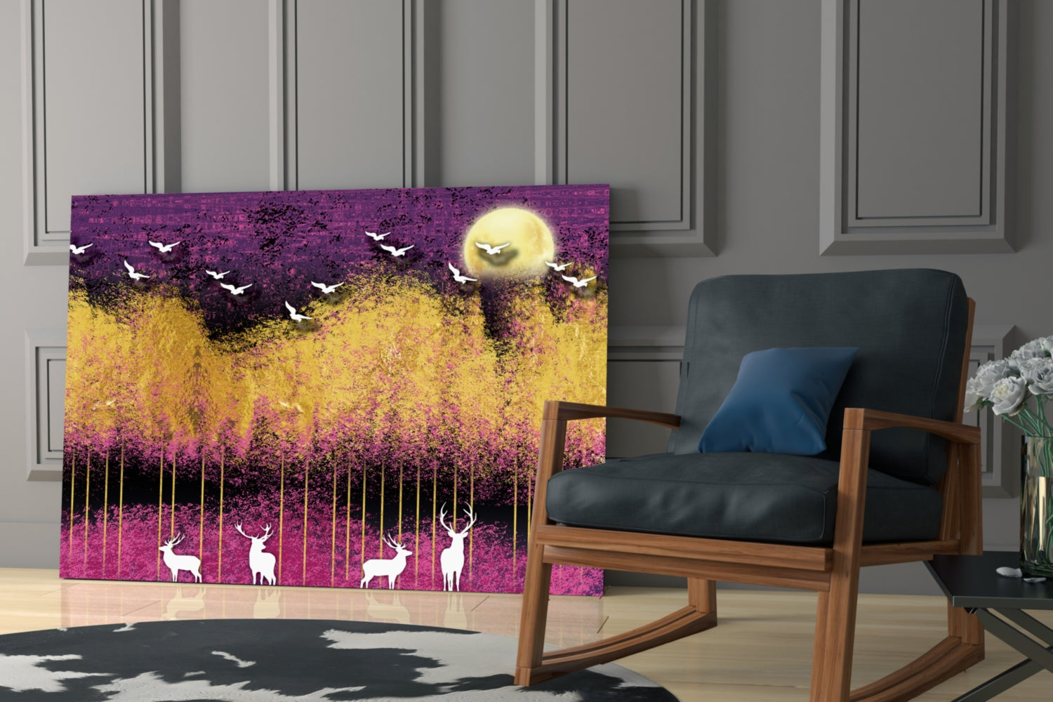 Glass wall art featuring purple and gold gradient landscape with silhouetted deer and flying birds beneath a full moon, displayed in modern interior setting.
