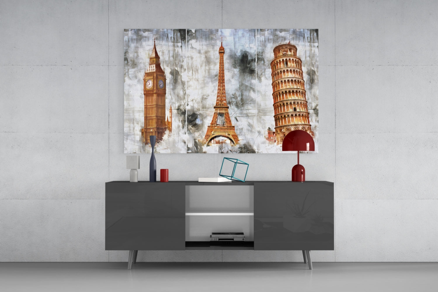 Glass wall art depicting Big Ben, Eiffel Tower, and Leaning Tower of Pisa in sepia tones, displayed above a dark gray media console.