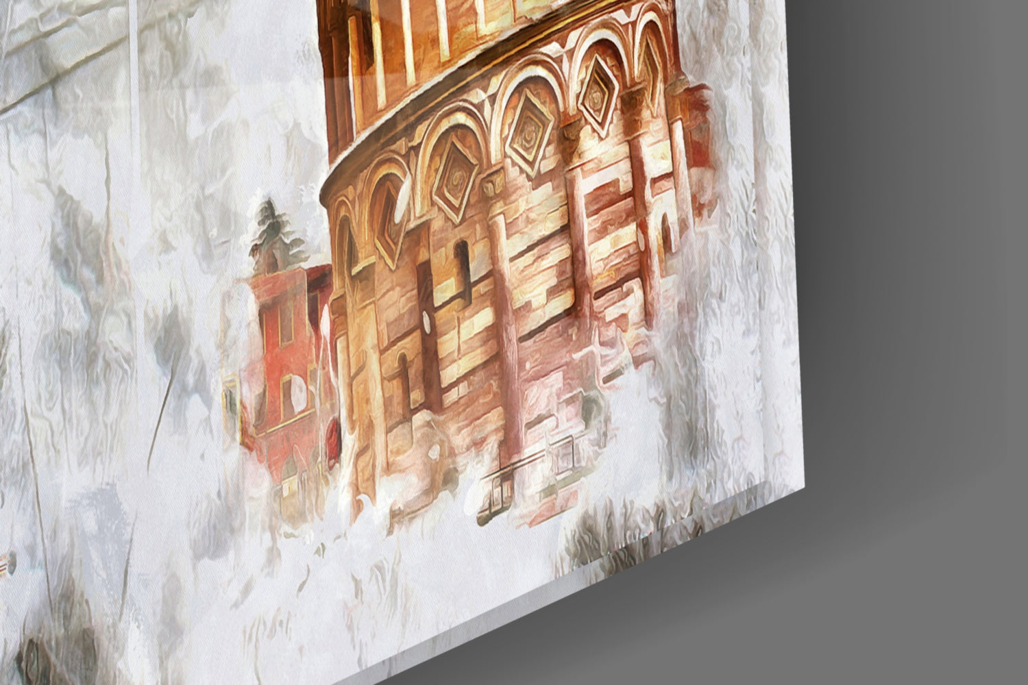 Glass wall art panel displaying watercolor painting of ornate historic building facade with red brick tower and decorative architectural details, angled three-quarter view.