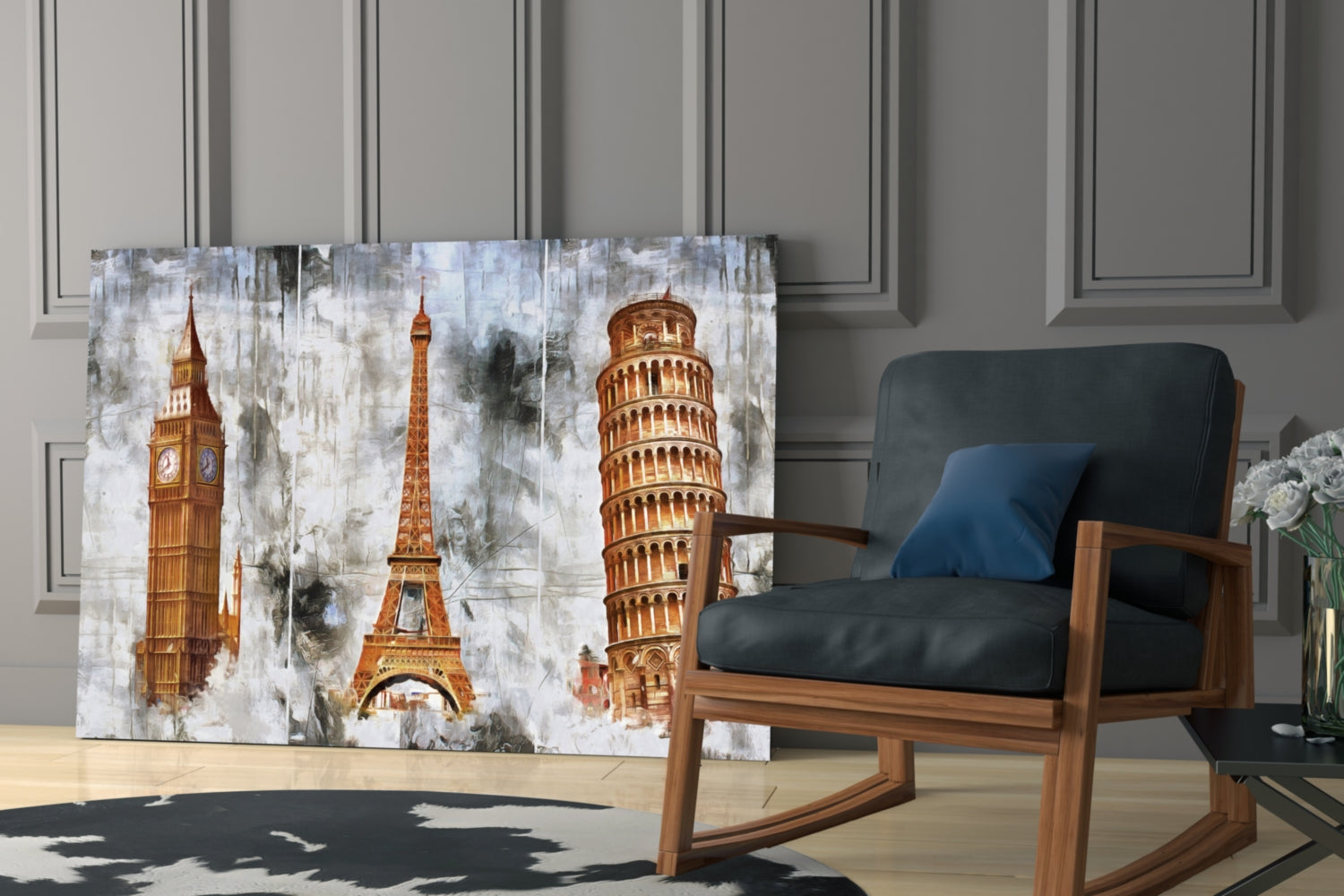 Glass wall art depicting iconic European towers—Big Ben, Eiffel Tower, and Leaning Tower of Pisa—in golden tones on textured white background, displayed in modern living room setting.