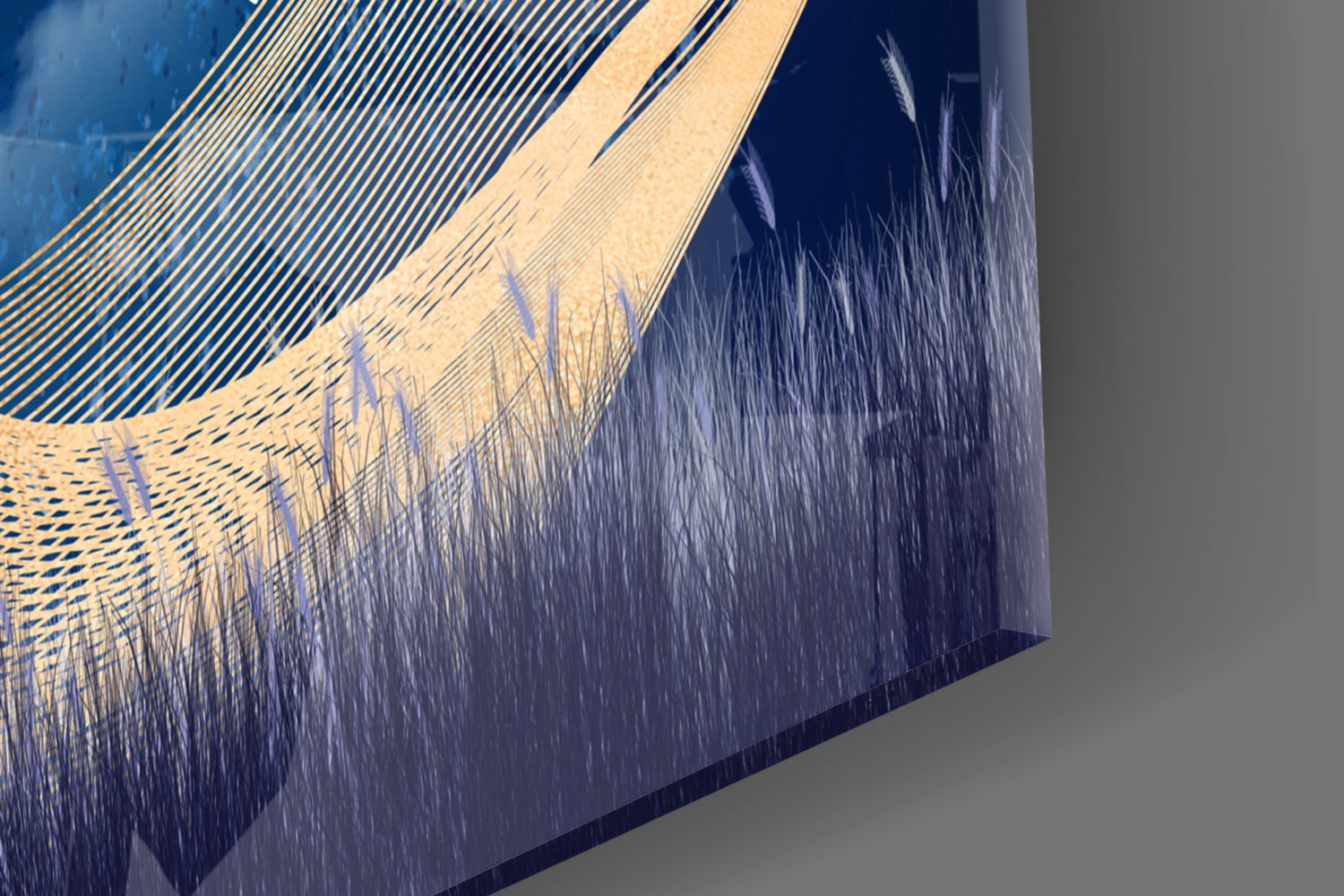 Close-up detail of Magic Deer Glass Wall Art showing etched line patterns in gold and dark blue glass with textured deer silhouettes.