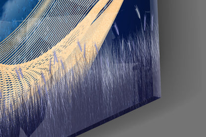 Close-up detail of Magic Deer Glass Wall Art showing etched line patterns in gold and dark blue glass with textured deer silhouettes.