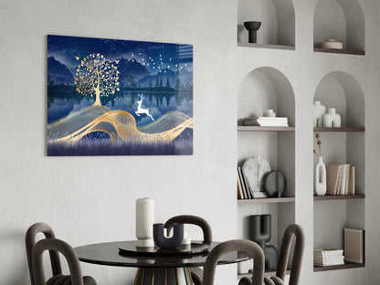 Magic Deer Glass Wall Art displayed above a round black dining table in a modern interior with arched wall shelving, showing gold tree and white deer on deep blue landscape background.