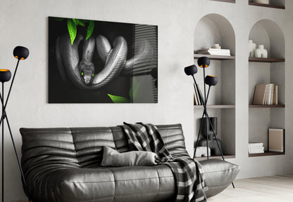 Green Eyed Coiled Snake Leaves Glass Wall Art