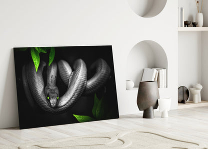 Green Eyed Coiled Snake Leaves Glass Wall Art