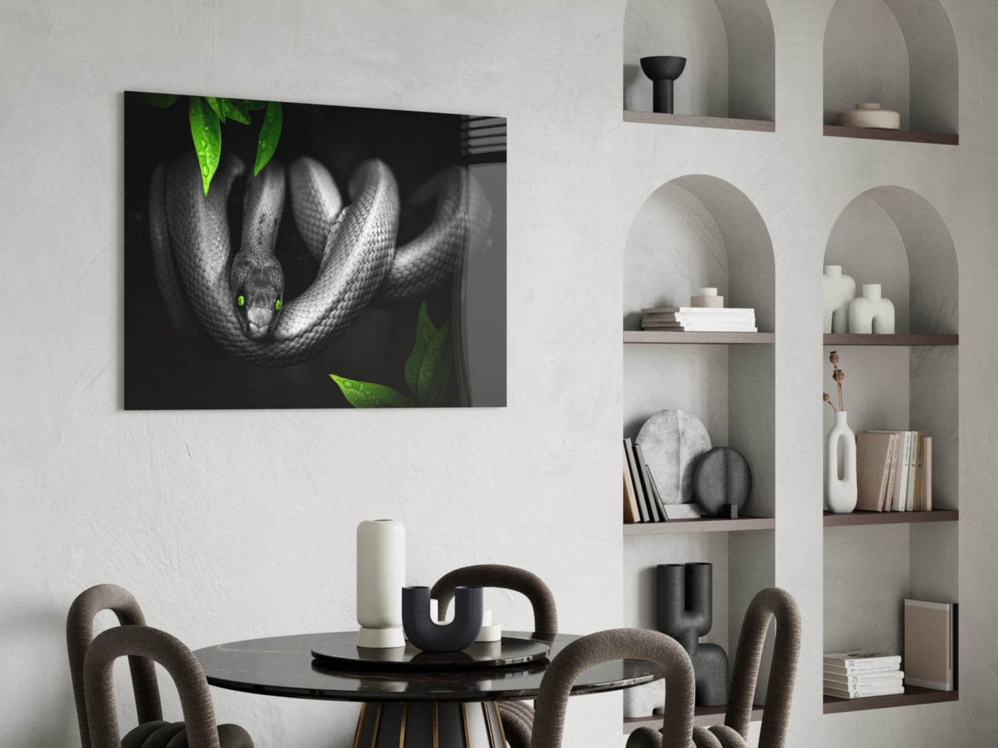Green Eyed Coiled Snake Leaves Glass Wall Art