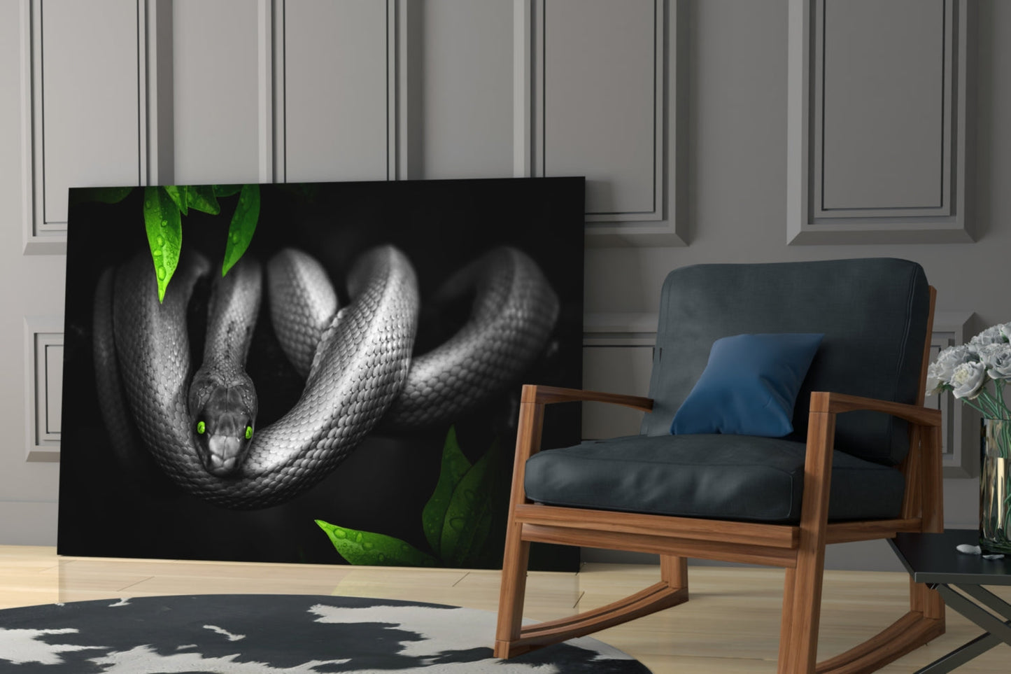 Green Eyed Coiled Snake Leaves Glass Wall Art