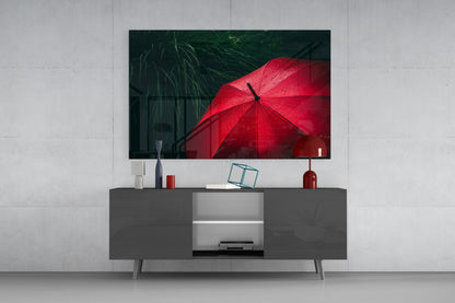 Red Umbrella In Dark Green Grass Glass Wall Art