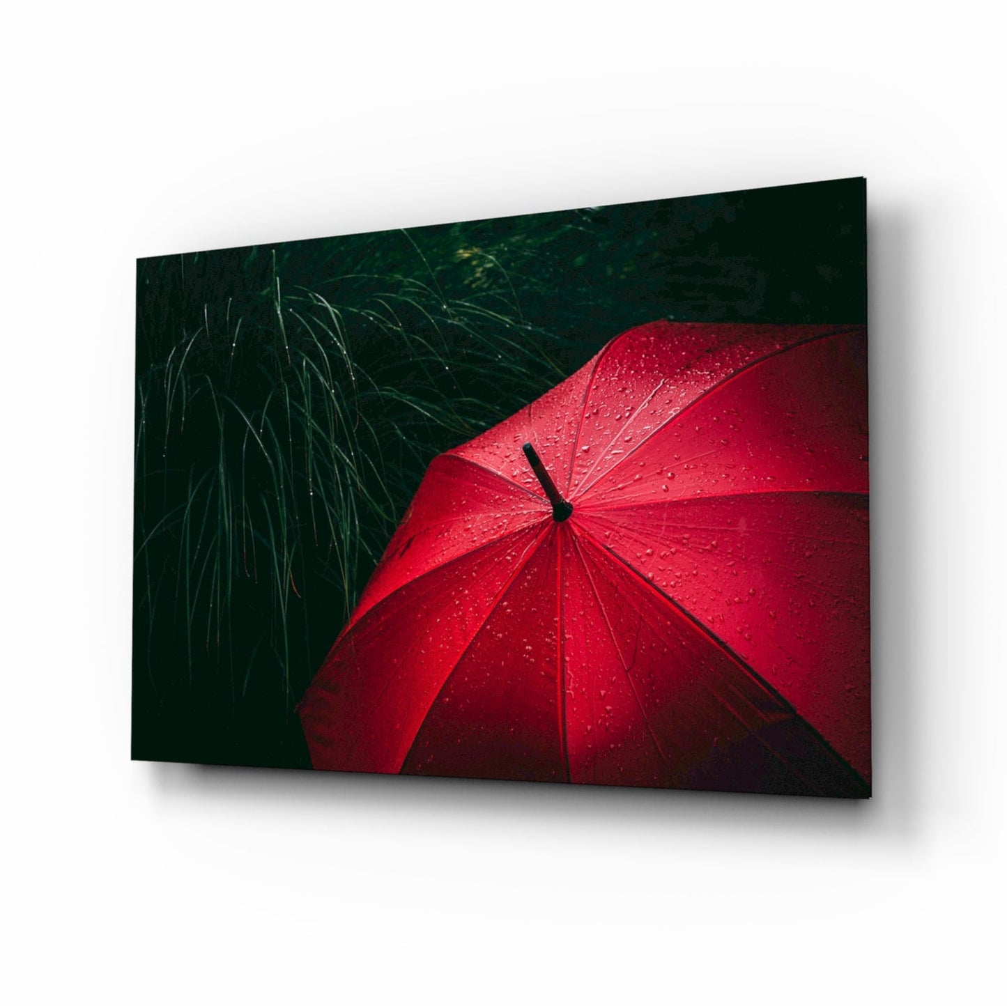 Red Umbrella In Dark Green Grass Glass Wall Art
