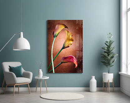 Golden Calla Lily Stems Glass Wall Art
