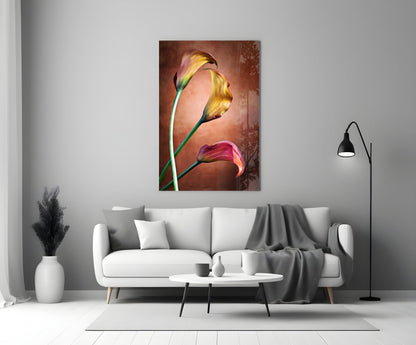 Golden Calla Lily Stems Glass Wall Art