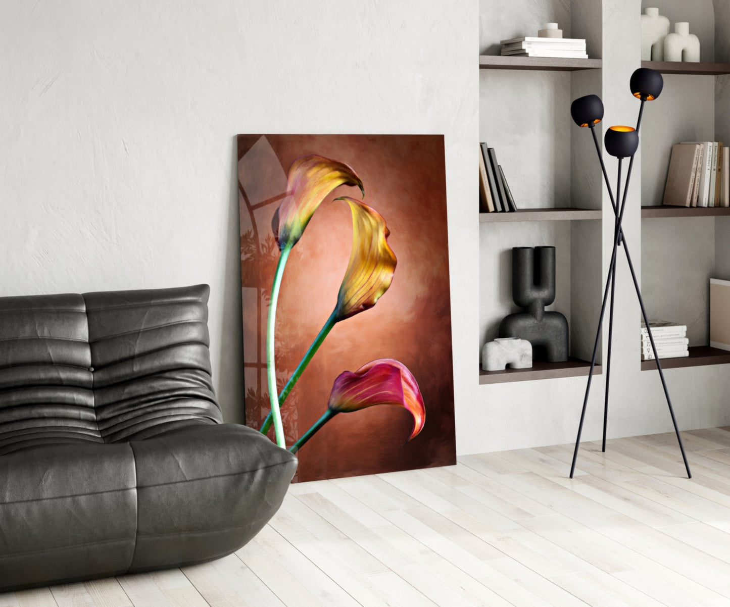 Golden Calla Lily Stems Glass Wall Art