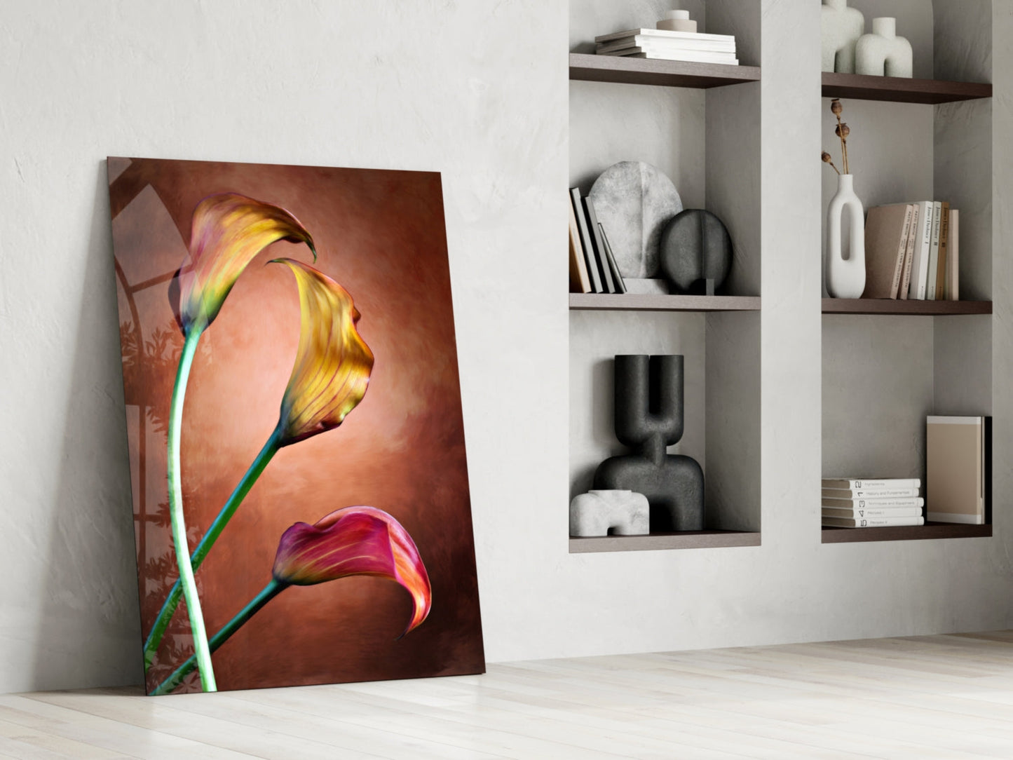 Golden Calla Lily Stems Glass Wall Art