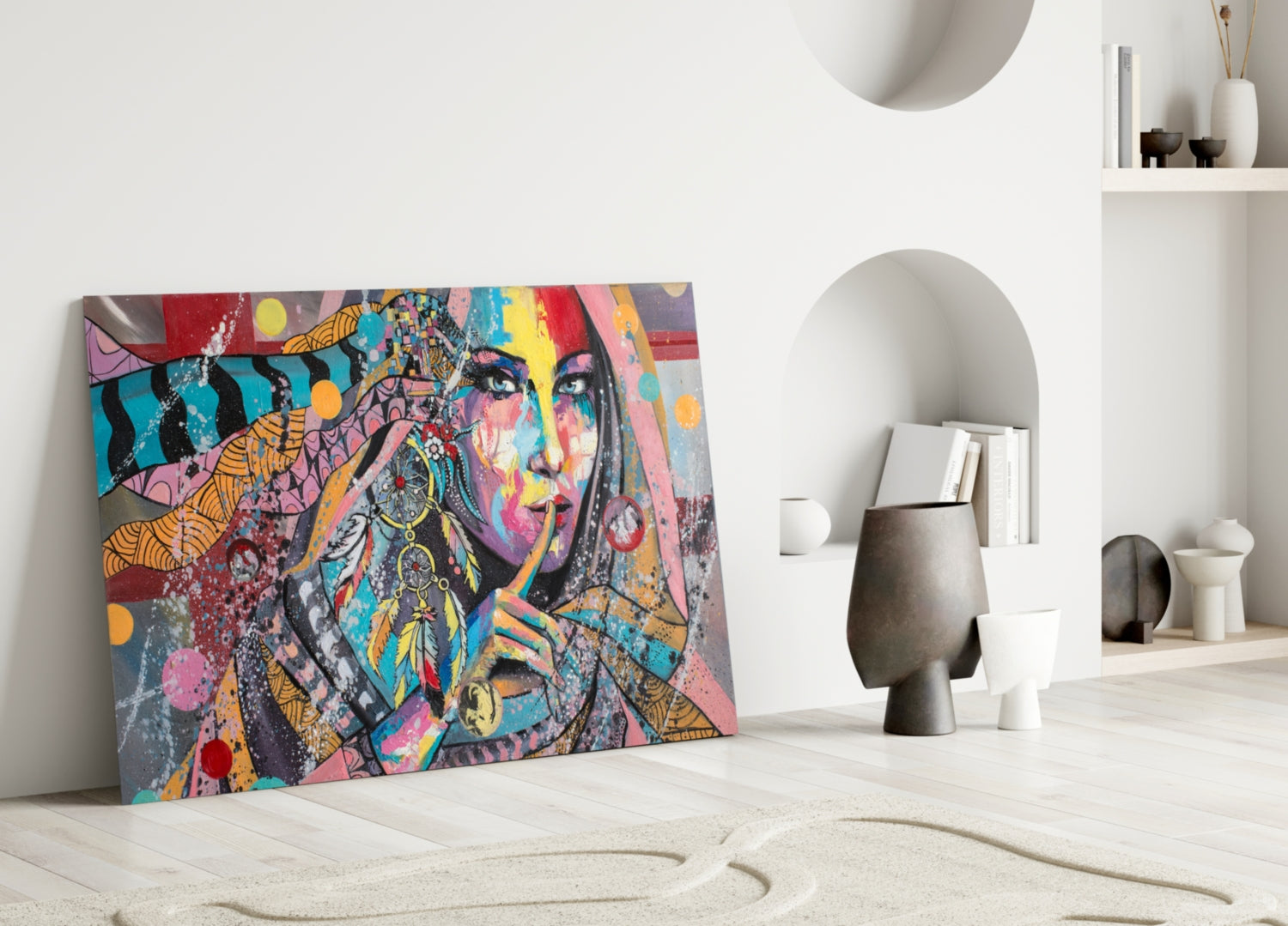 Colorful pop art glass panel featuring a woman's face with vibrant geometric patterns leaning against a white wall in a minimalist interior setting.