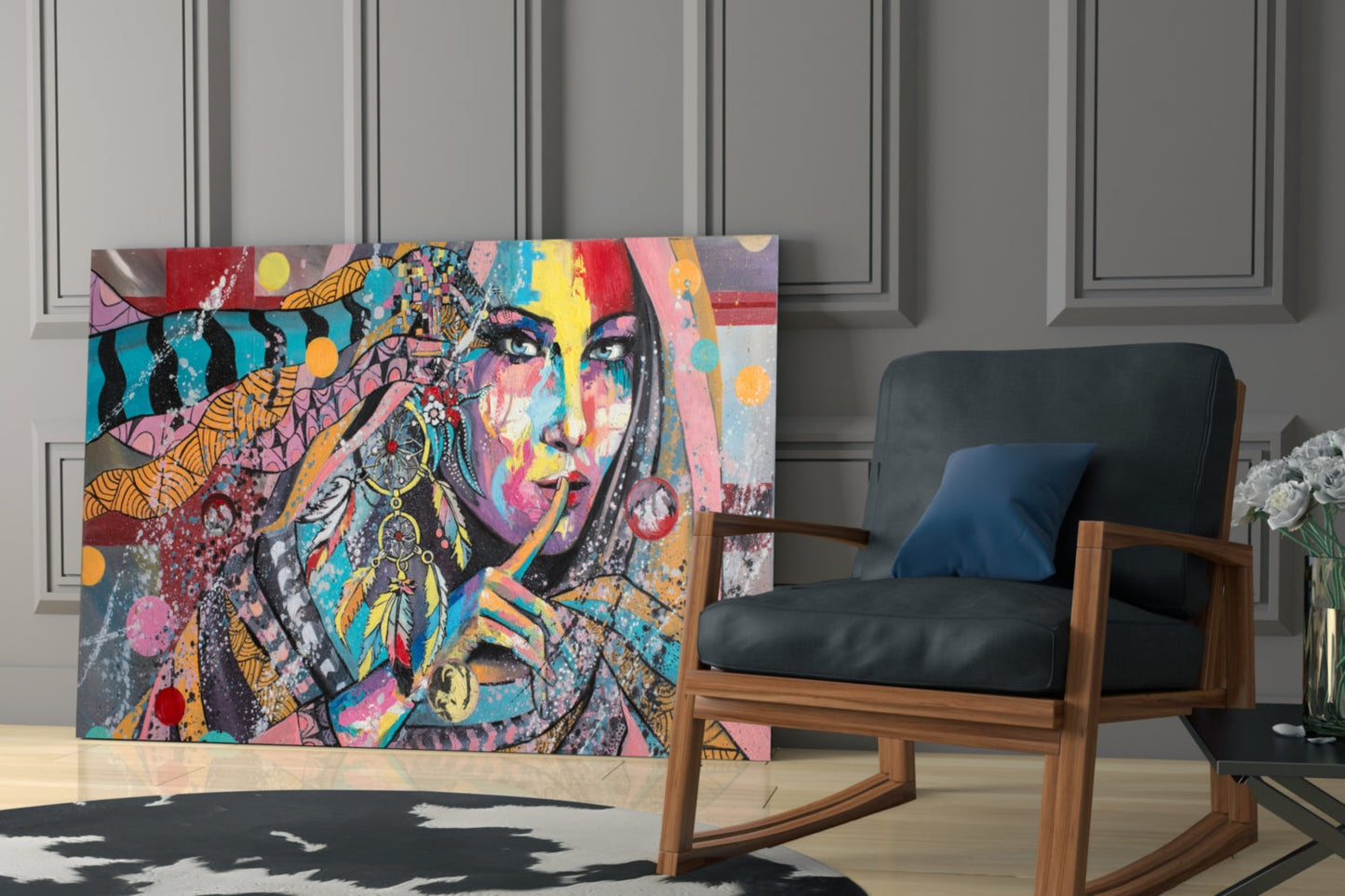 Colorful pop art portrait glass wall art displayed in modern living room with wooden rocking chair and paneled wall backdrop.