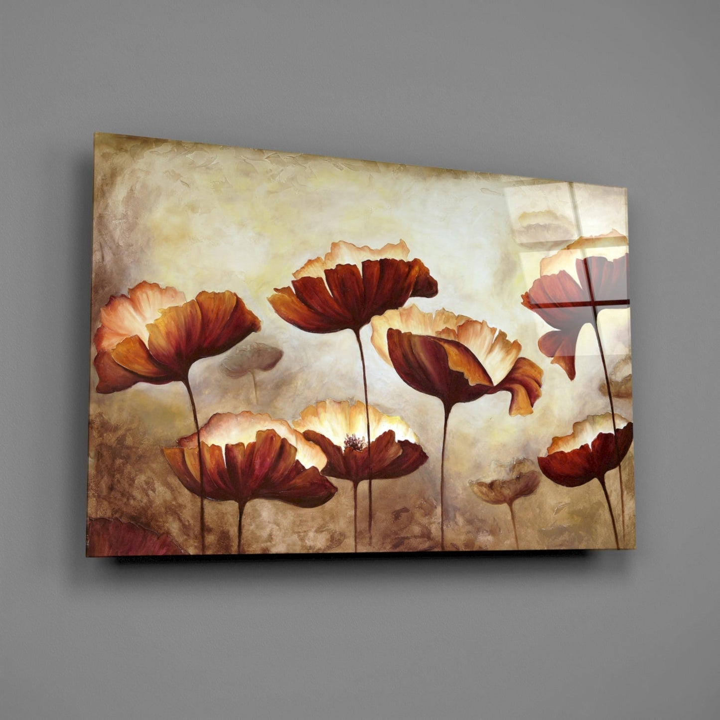 Red and orange poppies with cream petals against a textured beige background on a rectangular glass wall panel.