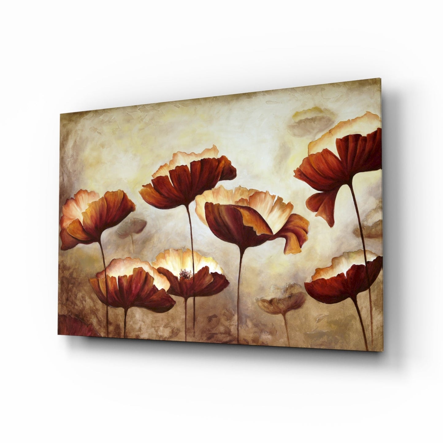 Glass wall art featuring red and orange poppies with cream-colored centers against a muted beige background, displayed at an angle.