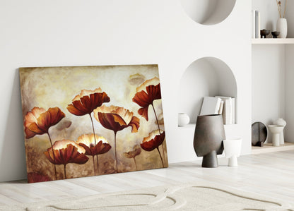 Poppy glass wall art leaning against white wall displaying red and orange flowers on textured beige background, displayed in minimalist interior setting.