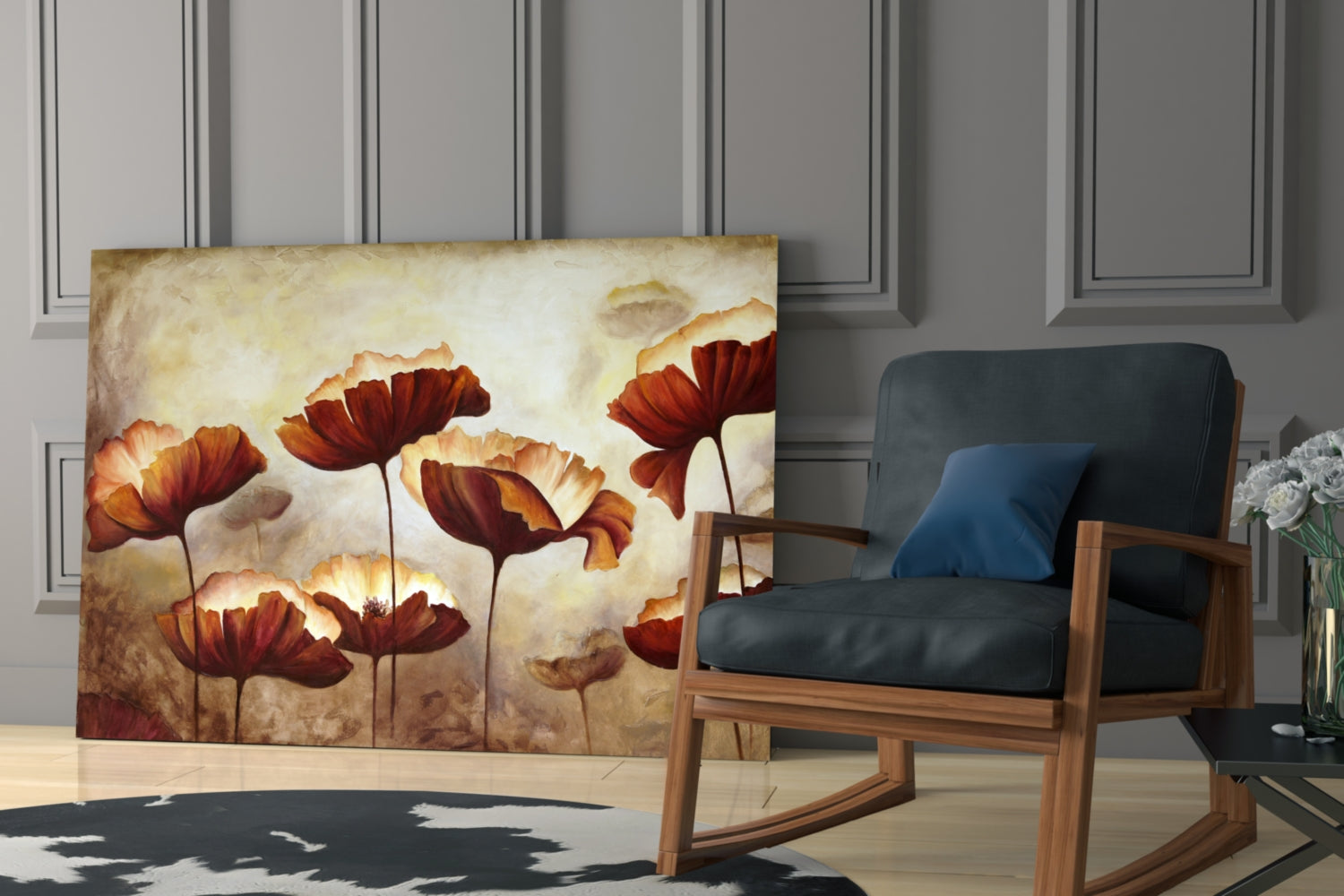 Poppy glass wall art displaying red and orange flowers against cream background, displayed in modern living room beside wooden chair.