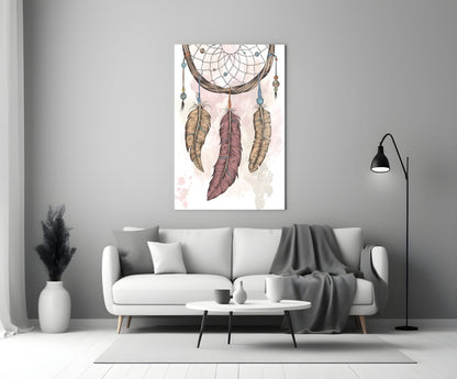 Three Feather Boho Dreamcatcher Glass Wall Art