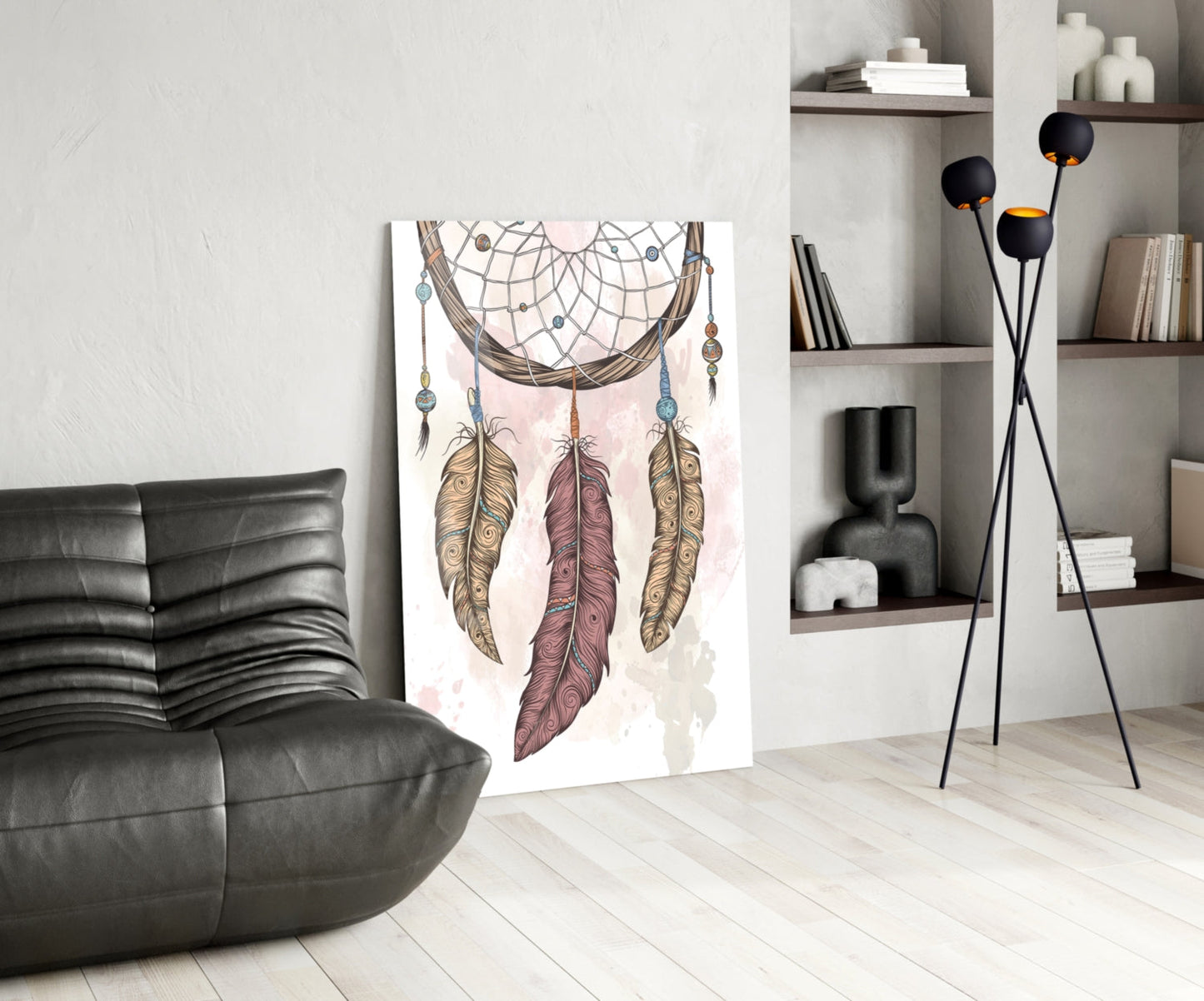 Three Feather Boho Dreamcatcher Glass Wall Art