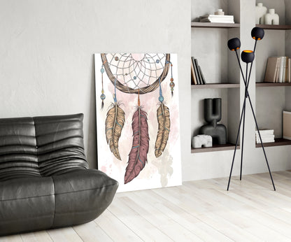 Three Feather Boho Dreamcatcher Glass Wall Art