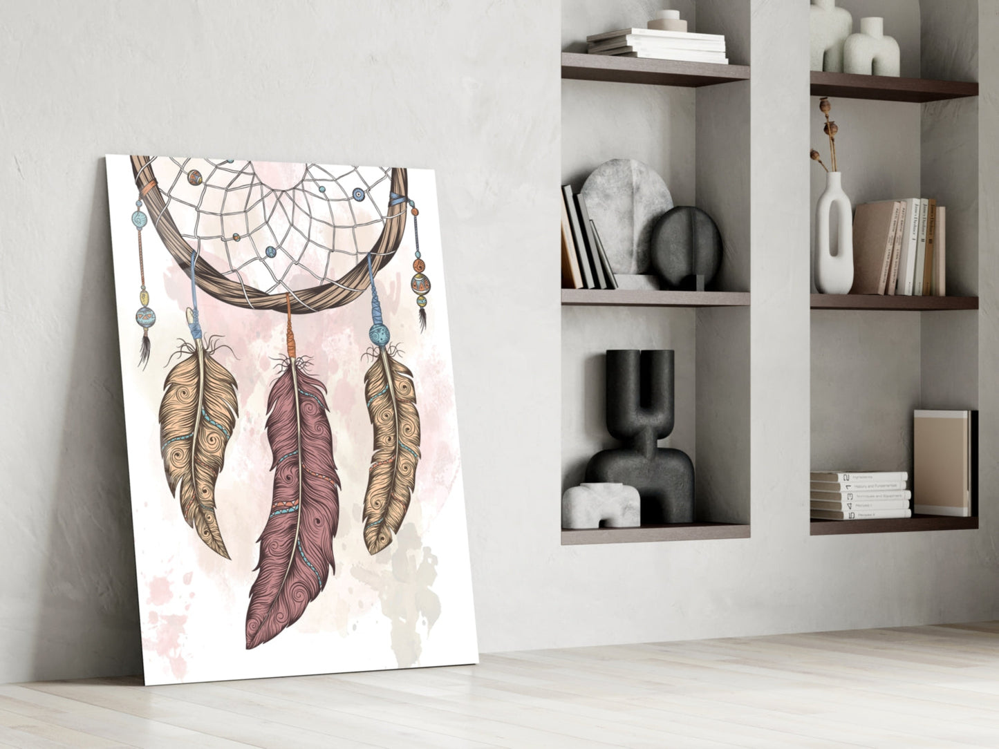 Three Feather Boho Dreamcatcher Glass Wall Art