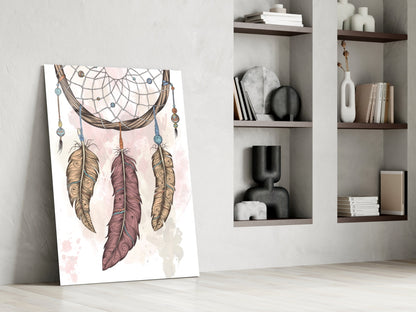 Three Feather Boho Dreamcatcher Glass Wall Art