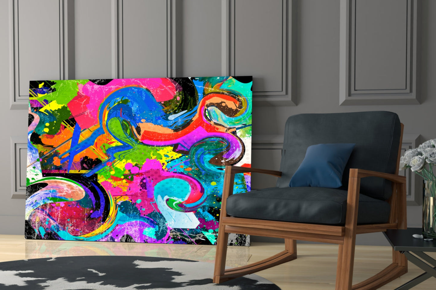Vibrant multicolored abstract Ebruli glass wall art with swirling blue, pink, green, and orange patterns displayed in modern interior setting.