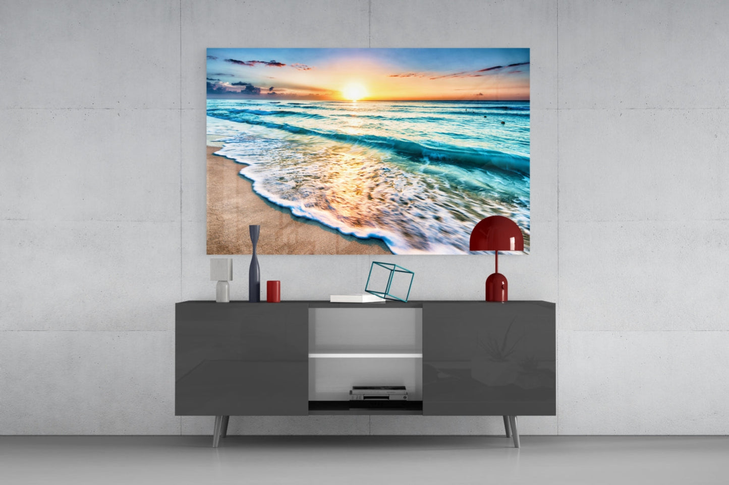 Turquoise Beach Waves Sunset Glass Wall Art
