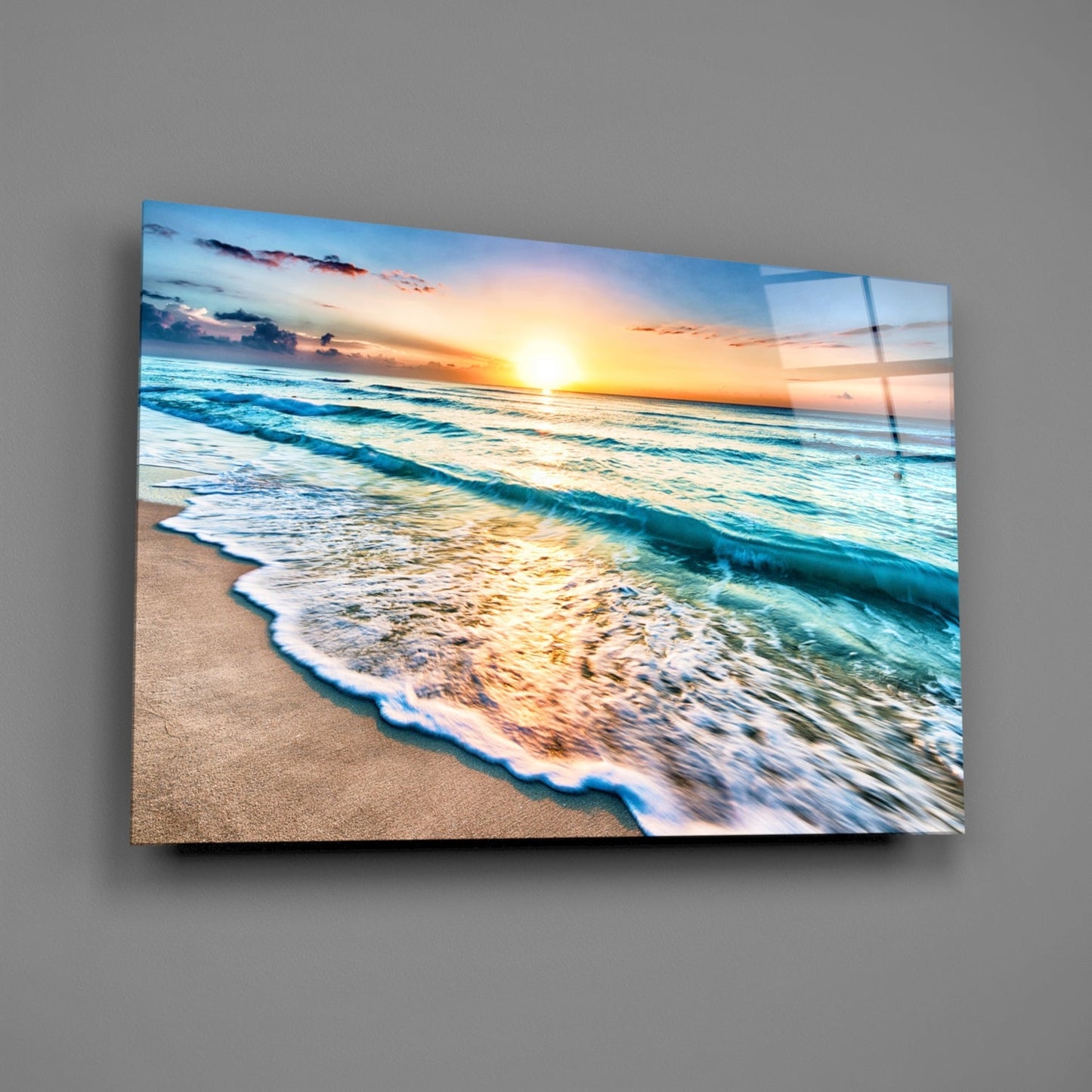 Turquoise Beach Waves Sunset Glass Wall Art