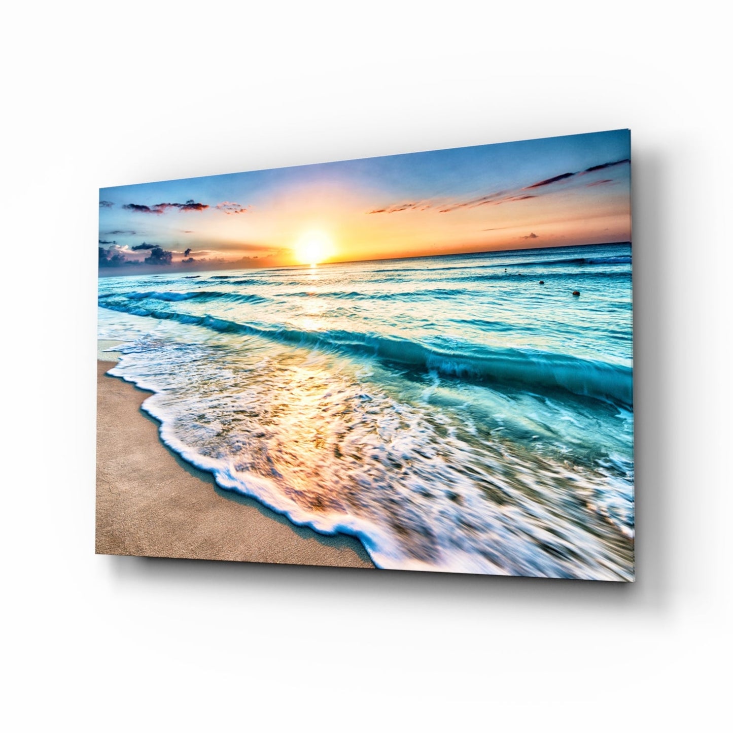 Turquoise Beach Waves Sunset Glass Wall Art