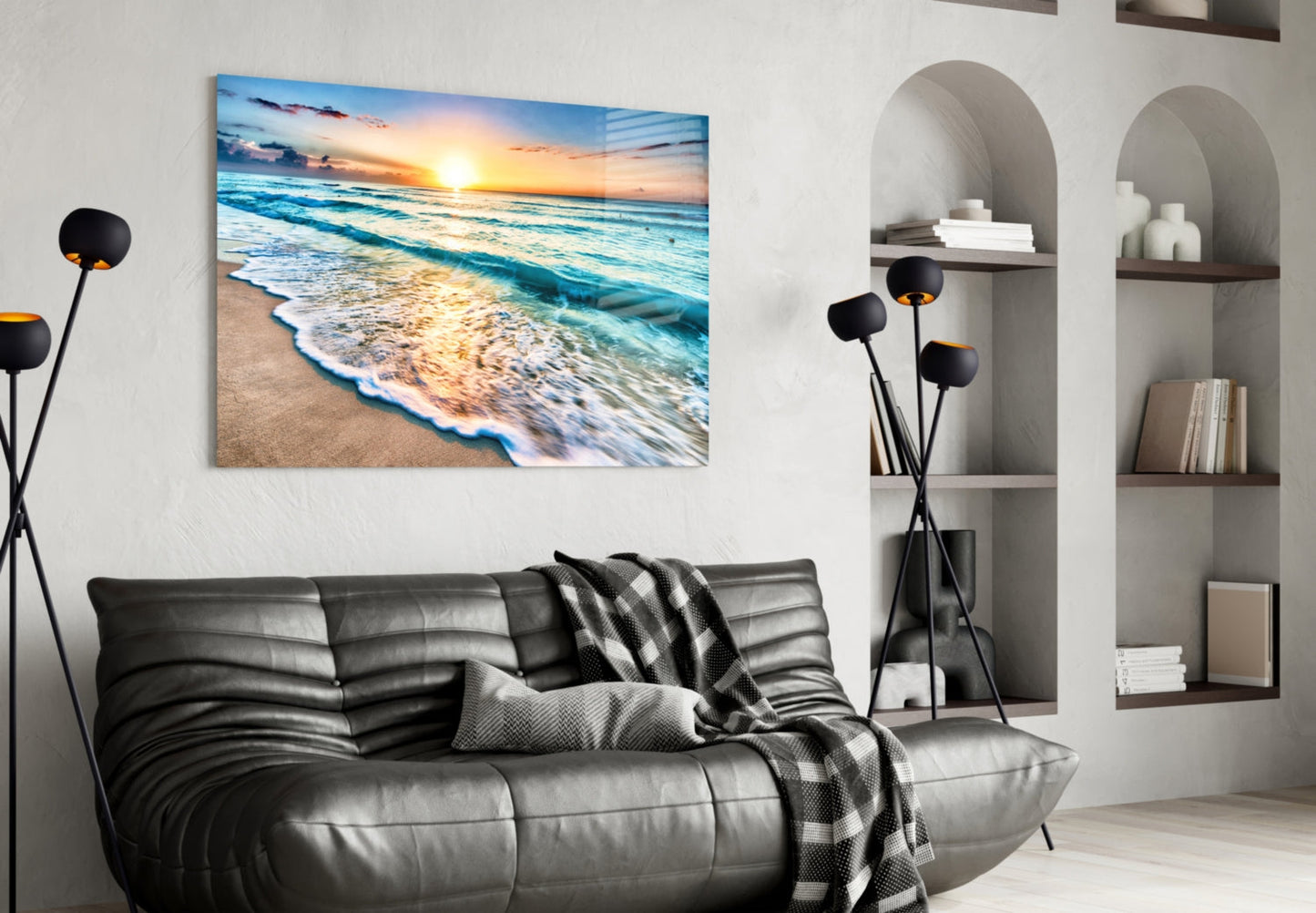Turquoise Beach Waves Sunset Glass Wall Art