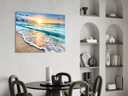 Turquoise Beach Waves Sunset Glass Wall Art