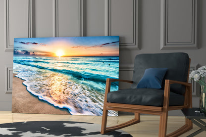 Turquoise Beach Waves Sunset Glass Wall Art