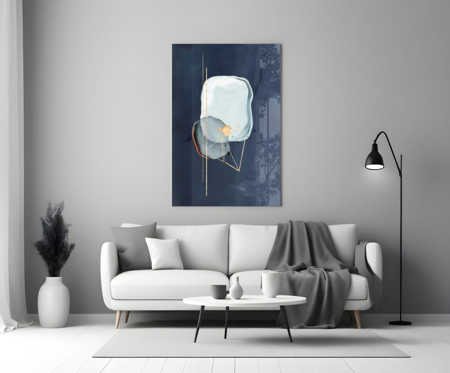 Gold Line Geometry On Navy Blue Glass Wall Art