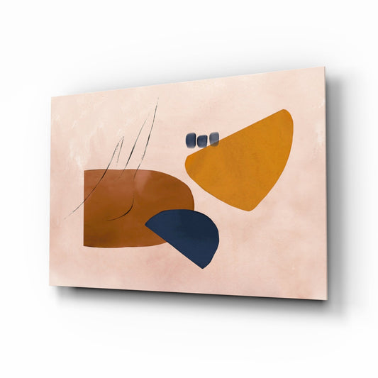 Abstract glass wall art featuring brown, gold, and navy shapes with thin line details on pale pink background, angled perspective view.