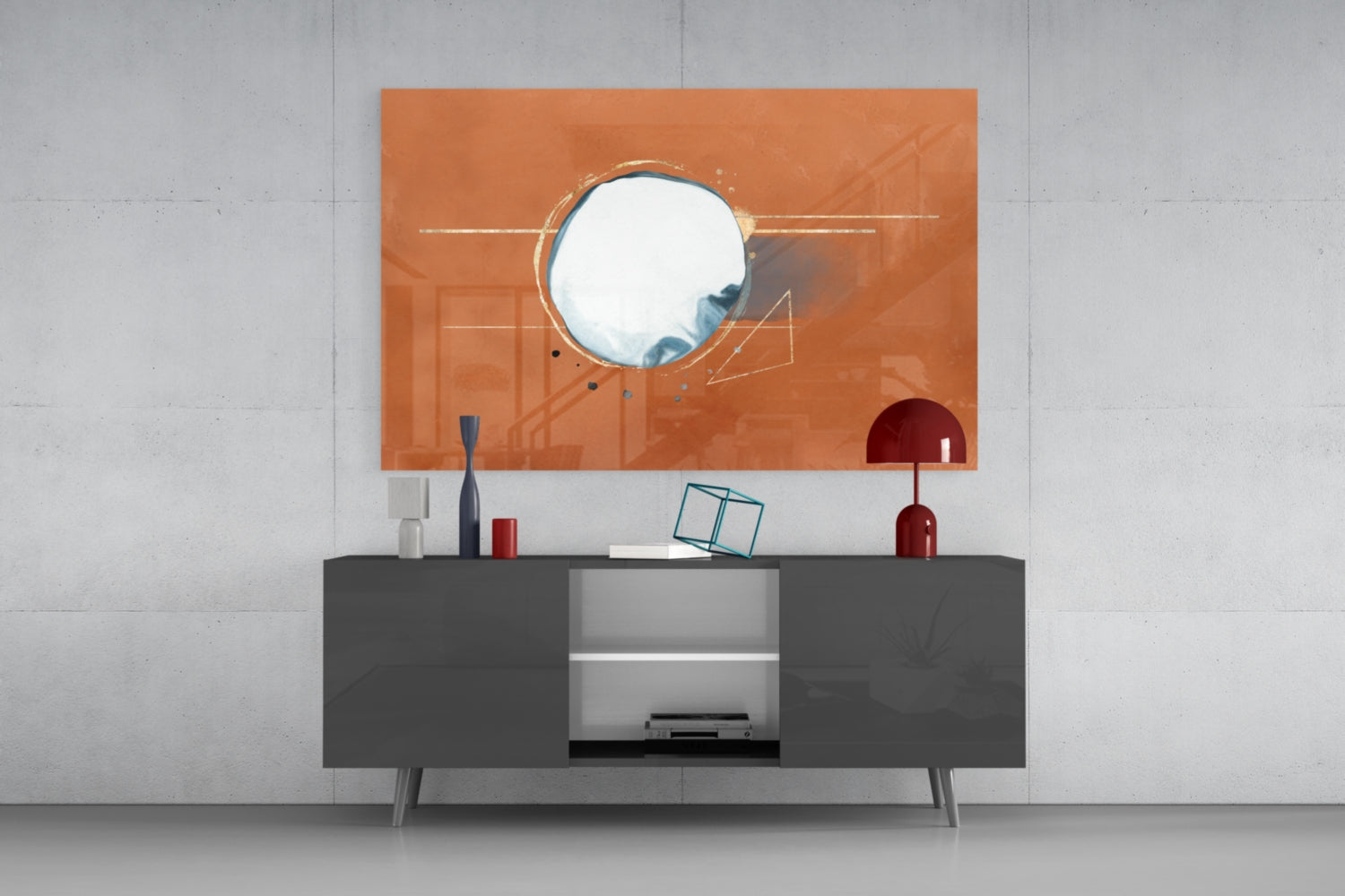 Abstract Cinnamon Glass Wall Art with circular mirror displayed above gray media console in modern interior setting.