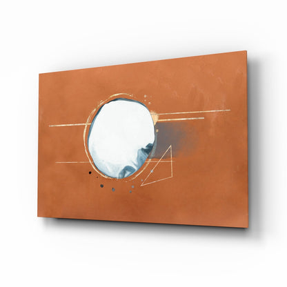 Angled perspective of terracotta wall art panel with circular white glass center, geometric line etchings, and blue accent marks.