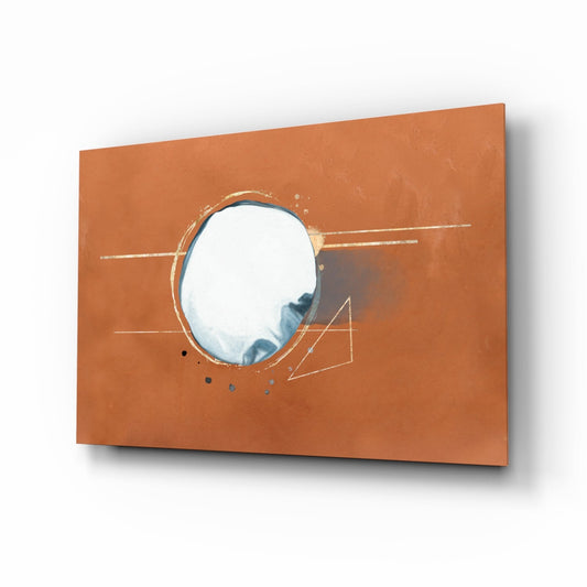 Angled perspective of terracotta wall art panel with circular white glass center, geometric line etchings, and blue accent marks.