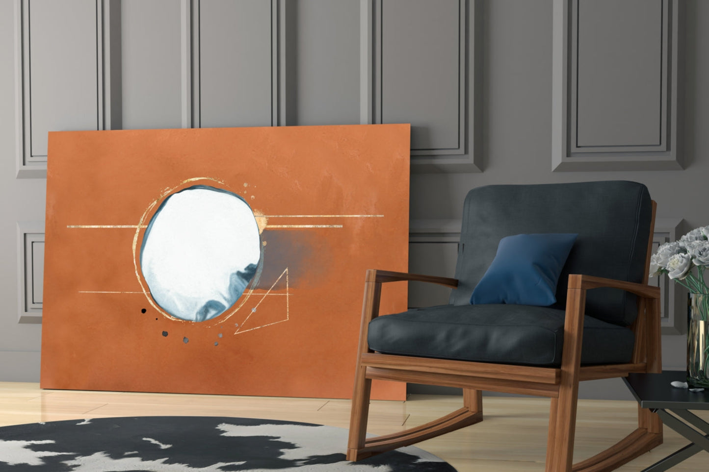 Modern living room with terracotta abstract glass wall art featuring circular mirror, wooden chair with black cushions, and potted flowers.