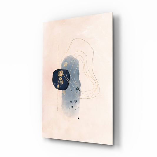 Angled view of beige glass wall art featuring blue watercolor shapes, gold accents, line drawings, and black dots on cream background.