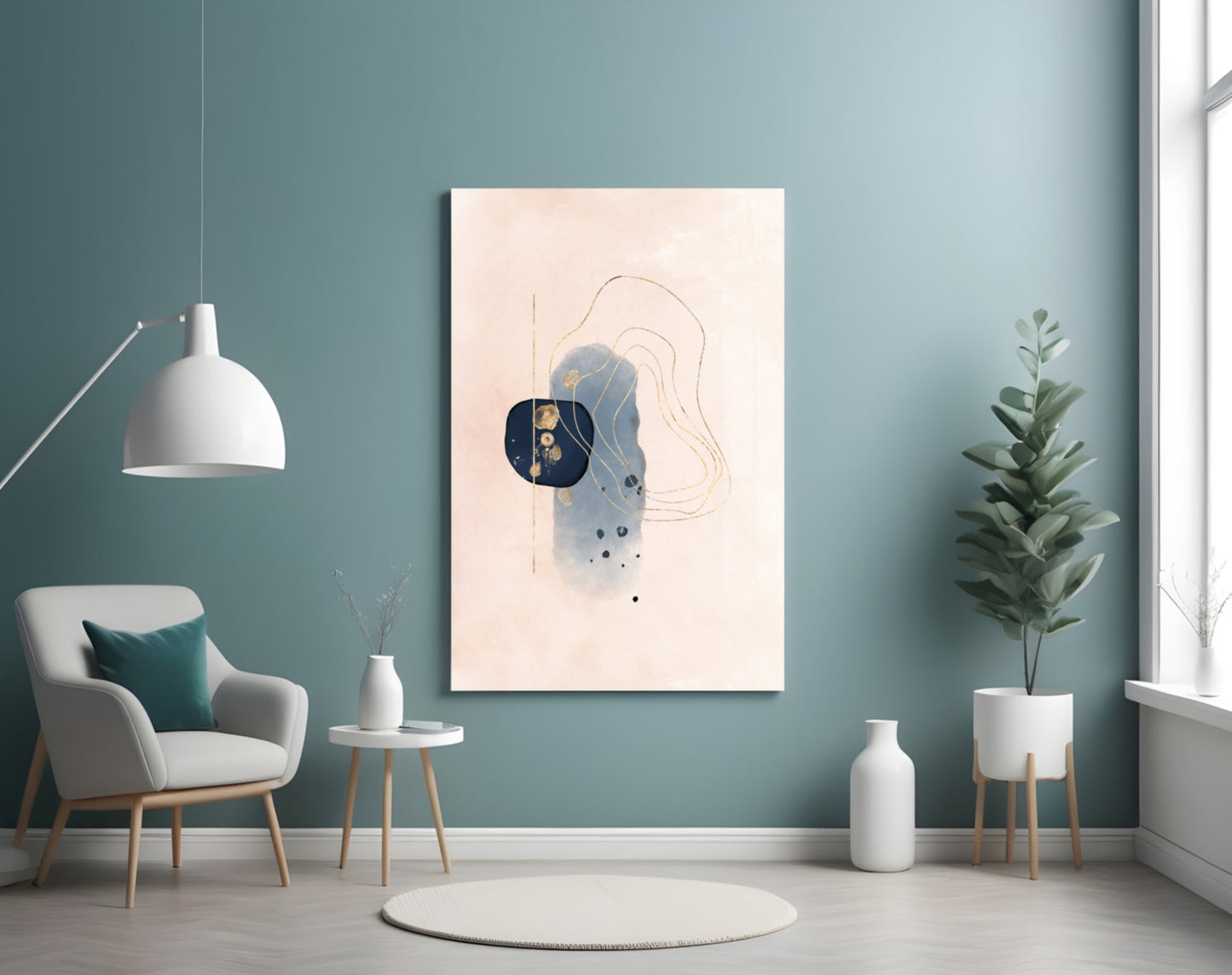 Abstract beige glass wall art displayed on teal wall above white chair in modern living room setting.