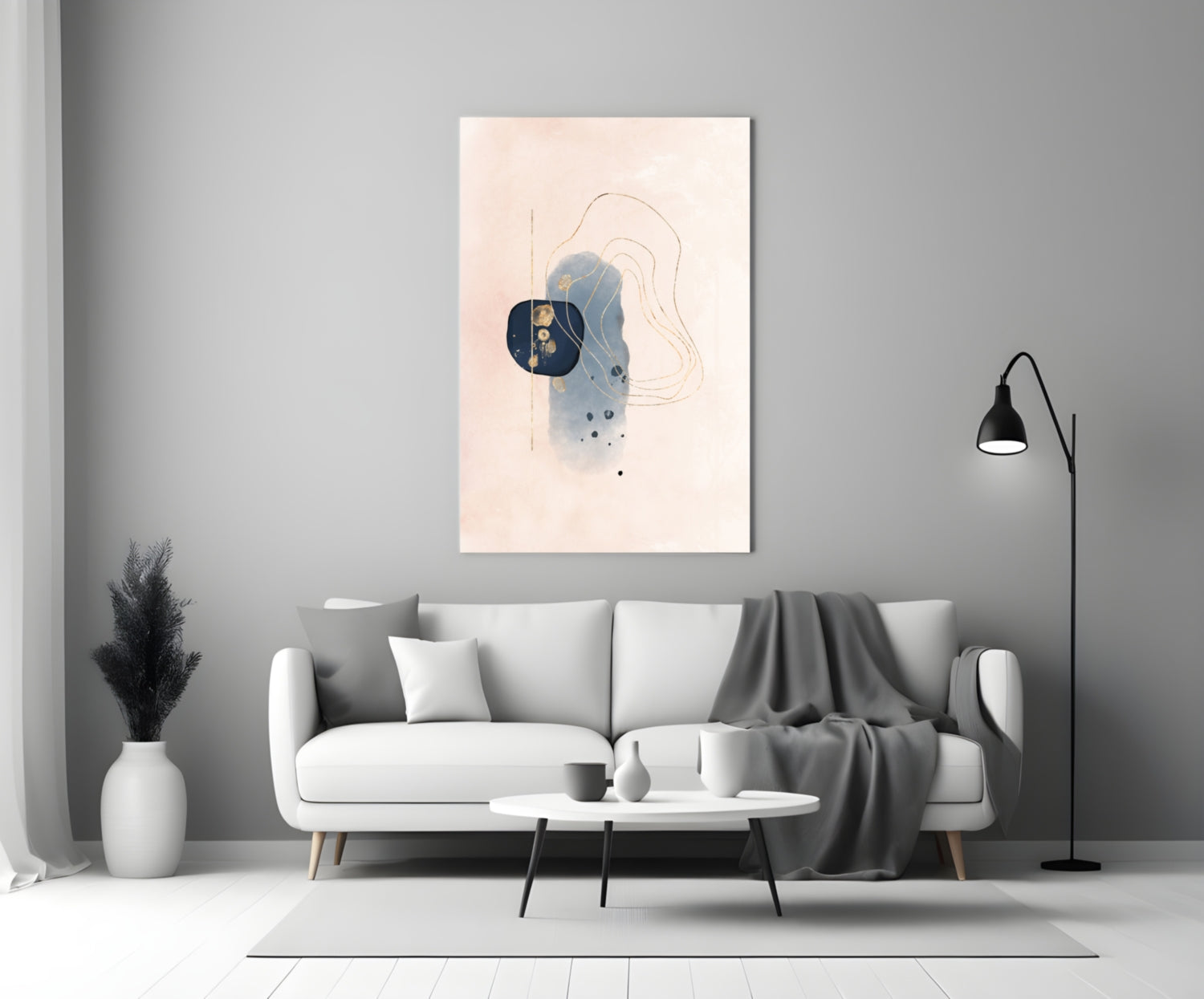 Abstract beige glass wall art with blue watercolor and line drawings displayed above a white sofa in a modern living room.
