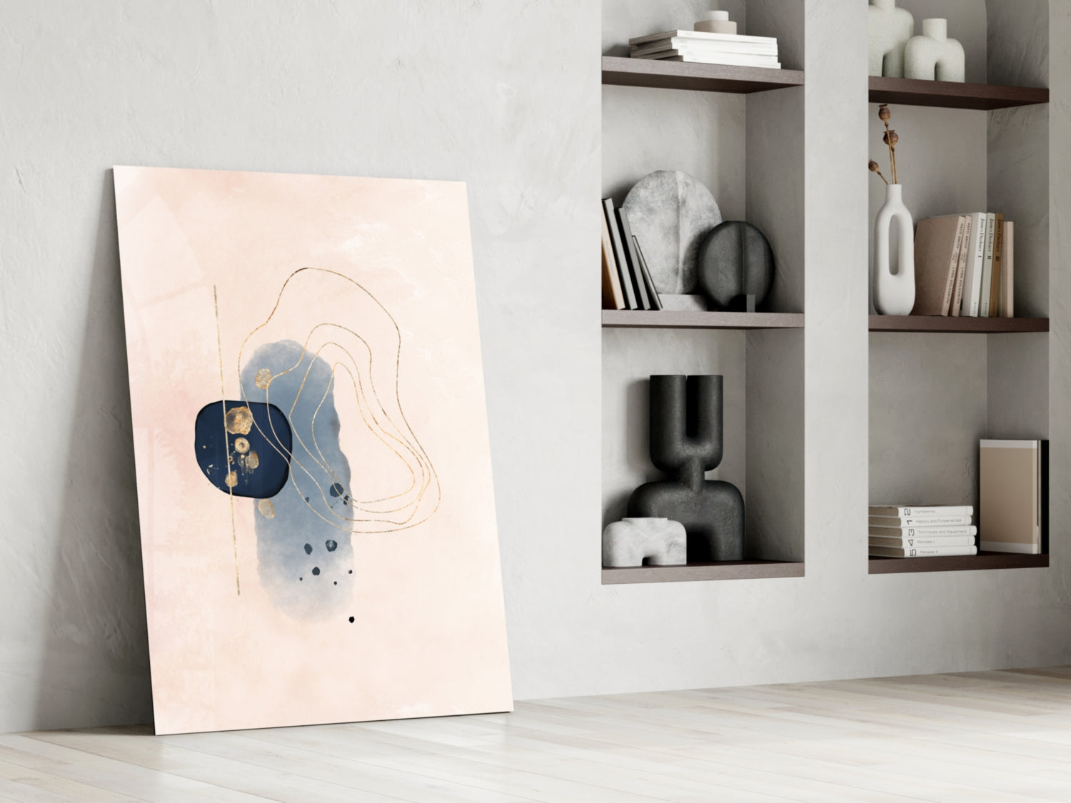 Abstract beige glass wall art leaning against white wall beside shelving unit, featuring blue and gold geometric design with curved lines.