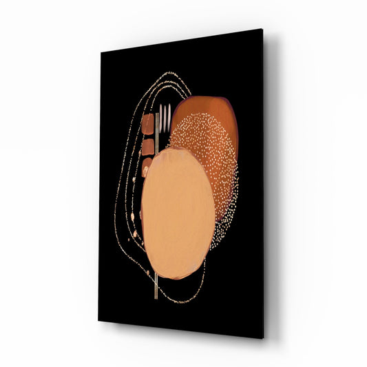 Abstract black glass wall art featuring warm terracotta and peach tones with decorative line patterns, displayed at an angled perspective.