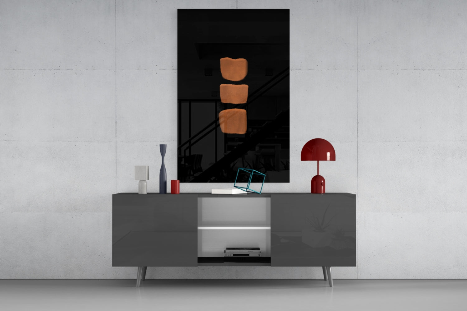 Abstract Column glass wall art with three stacked terracotta shapes displayed above modern gray media console in minimalist interior setting.