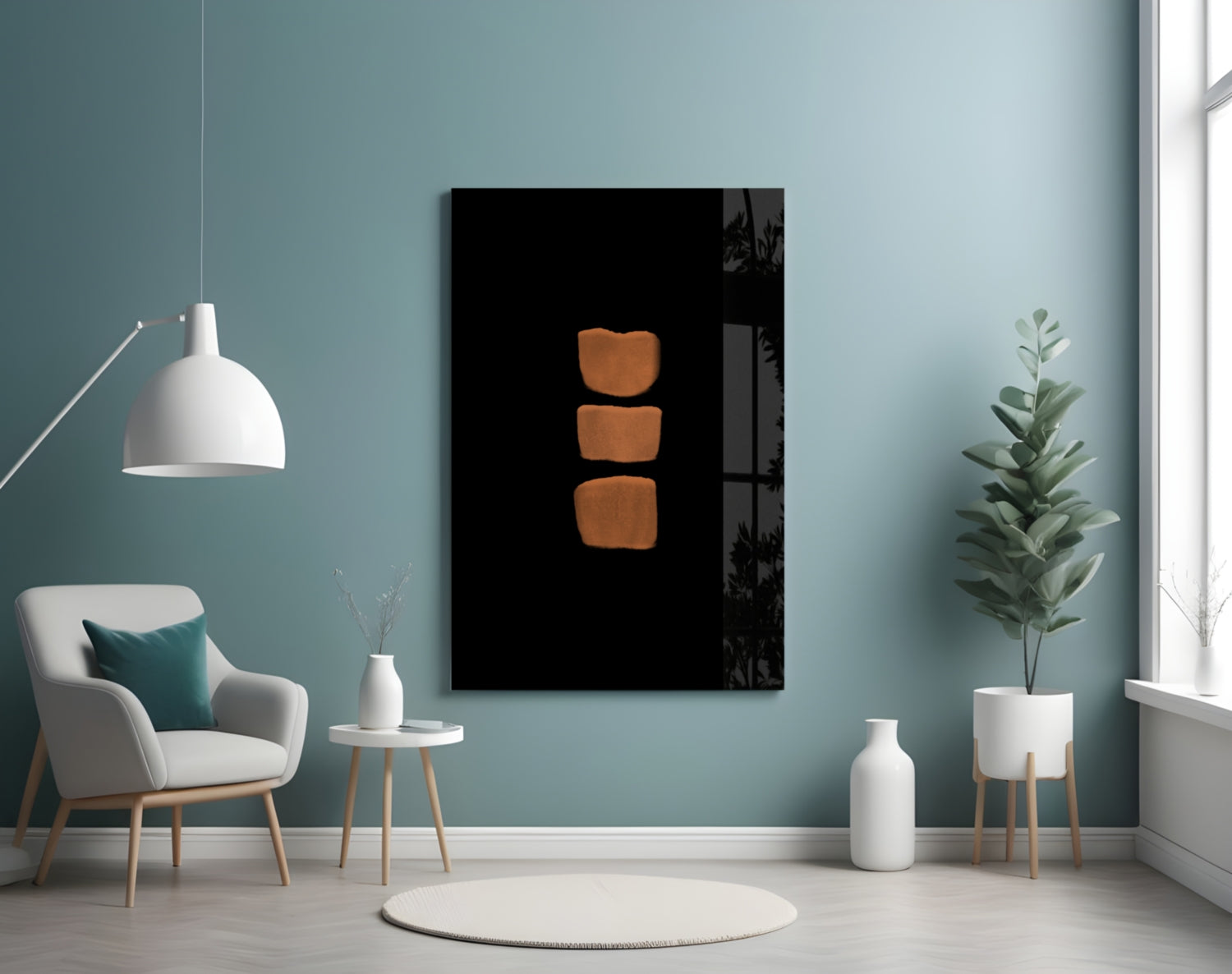 Abstract Column Glass Wall Art with three stacked orange shapes on black background displayed in modern living room with teal walls.