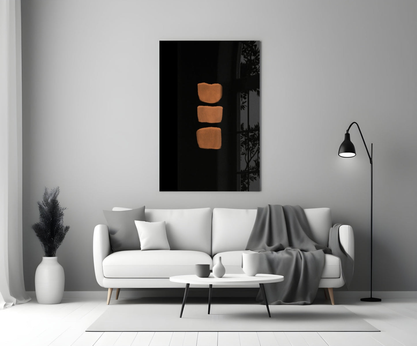 Abstract Column Glass Wall Art with three stacked copper-toned rectangles displayed above a white sofa in modern living room setting.